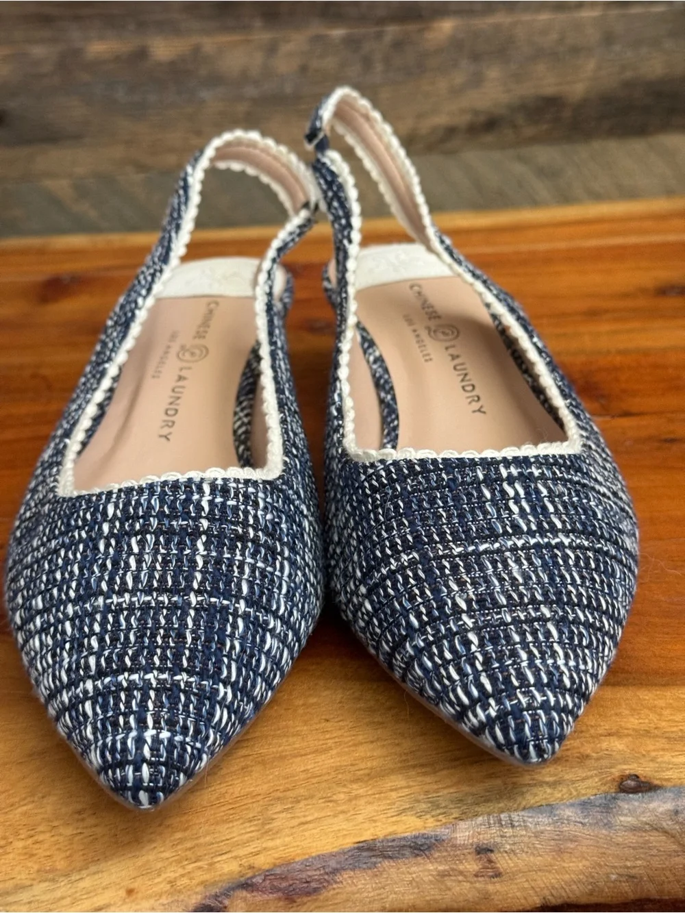 Chinese Laundry Navy Tweed Pointed Toe Slingback Low Block Heels Women's Size 11